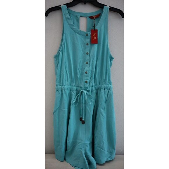 Tigerlily Women's Sz 4 Aqua Blue Sleeveless Relaxed Fit 1/2 Button Romper - Picture 1 of 10